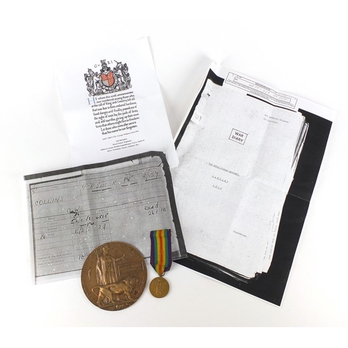 422 - British military World War I Victory medal and Death Plaque with paperwork, the Victory medal awarde... 