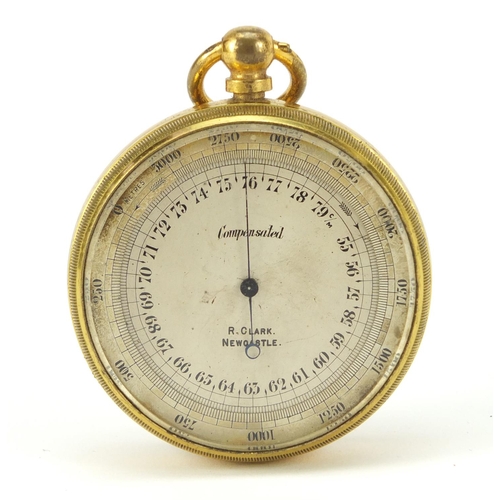 332 - Victorian brass compensated pocket barometer by R Clark of Newcastle with velvet and silk lined leat... 