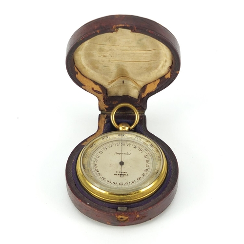 332 - Victorian brass compensated pocket barometer by R Clark of Newcastle with velvet and silk lined leat... 