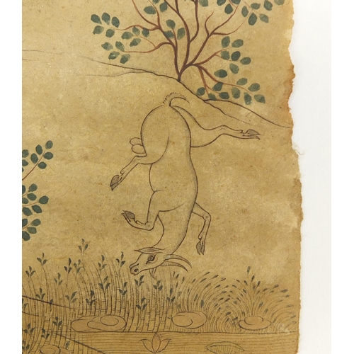 313 - Maharaja hunting deer, 19th century Indian Udaipur school painting, unframed, 24.5cm x 15.5cm