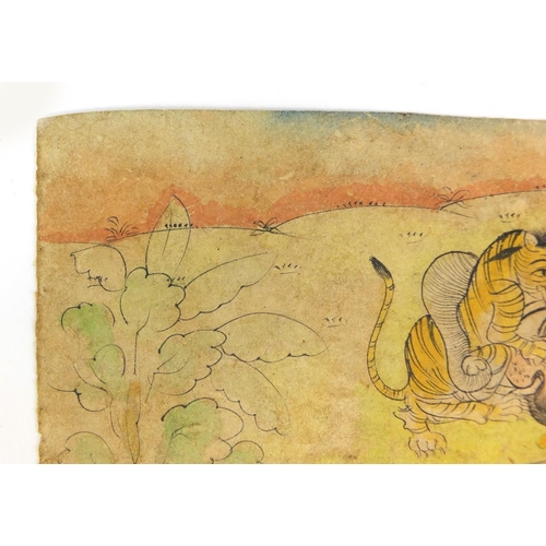 173 - Two soldiers on an elephant hunting tiger, 19th century Indian Kishangarh school painting, unframed,... 