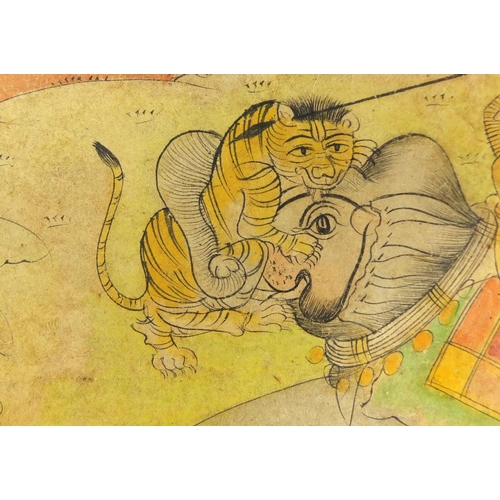 173 - Two soldiers on an elephant hunting tiger, 19th century Indian Kishangarh school painting, unframed,... 