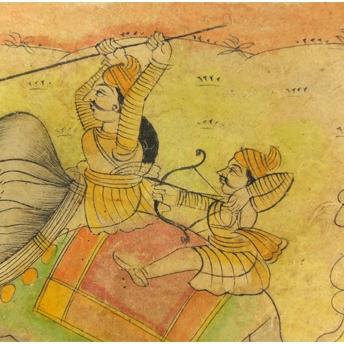 173 - Two soldiers on an elephant hunting tiger, 19th century Indian Kishangarh school painting, unframed,... 