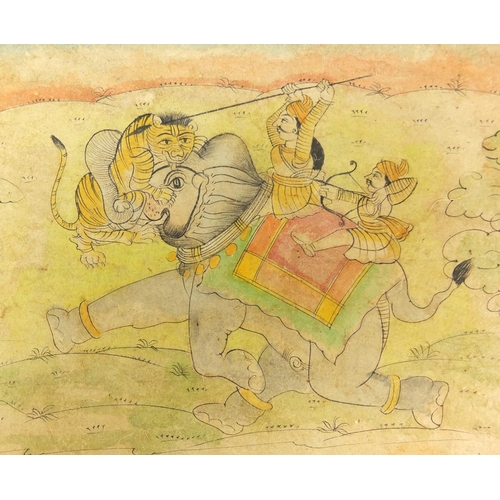 173 - Two soldiers on an elephant hunting tiger, 19th century Indian Kishangarh school painting, unframed,... 