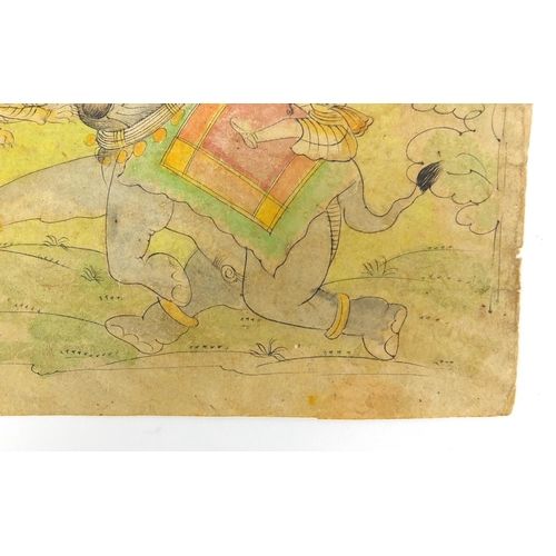 173 - Two soldiers on an elephant hunting tiger, 19th century Indian Kishangarh school painting, unframed,... 