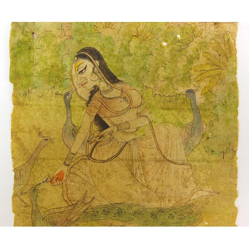 174 - Royal lady feeding peacocks, 18th century Indian Bikaner school painting, unframed, 21cm x 14.5cm