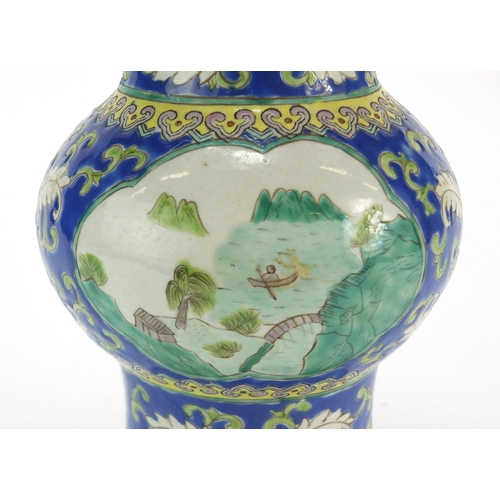 407 - Chinese porcelain vase, hand painted with flowers and two panels of river landscapes, six figure cha... 