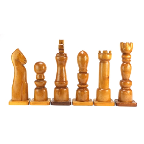 901 - Six oversized carved wood chess pieces, the largest 38cm high