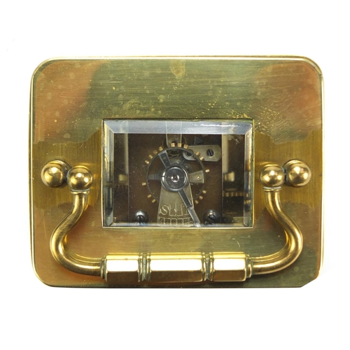 344 - Brass cased carriage clock by Sly & Co of Barnstaple, with key and leather travelling case, inscribe... 