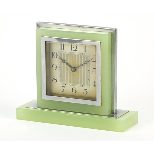 6 - Art Deco chrome and lime green glass desk clock with silvered dial having Arabic numerals, 12cm high