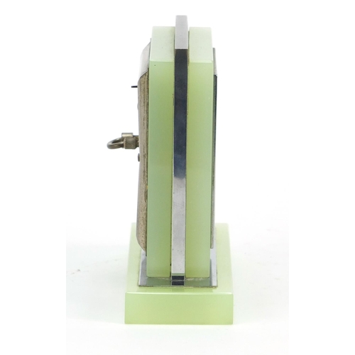 6 - Art Deco chrome and lime green glass desk clock with silvered dial having Arabic numerals, 12cm high