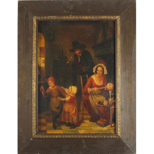 352 - Manner of George Morland - Figures in an interior, oil on board, framed, 54cm x 35cm