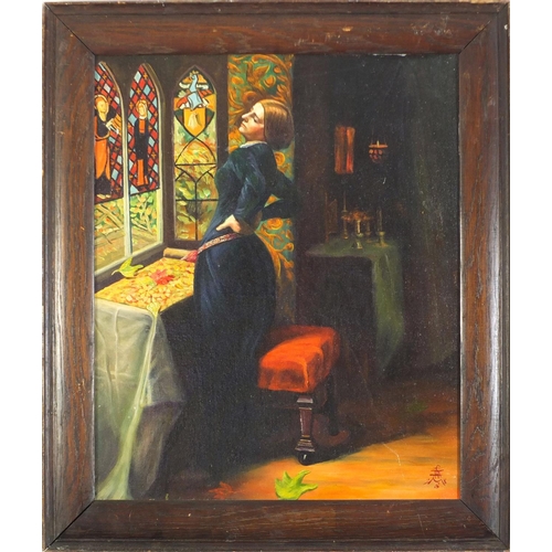 263 - Female in an interior with stained glass, Pre-raphaelite school oil on board, framed, 58.5cm x 48.5c... 