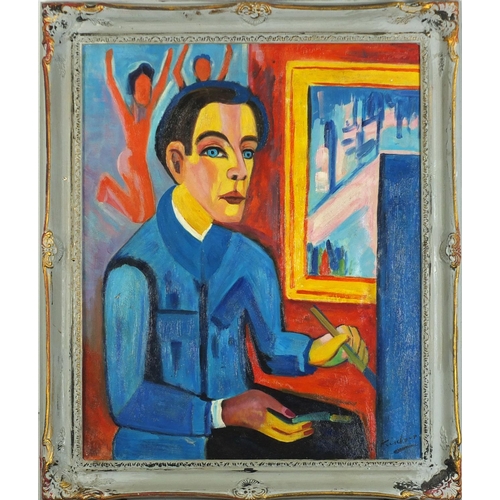 530 - Artist in his studio, German Expressionist school, oil on board, framed, 59.5cm x 50cm