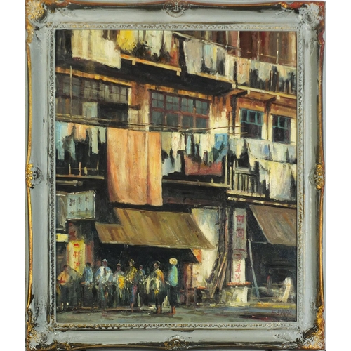 143 - Manner of Edward Seago - Hong Kong street scene, oil on board, framed, 59cm x 49.5cm