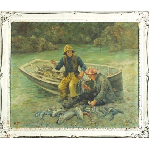 390 - Two young fishermen, St Ives school oil on board, bearing a monogram HST, framed, 59.5cm x 49.5cm