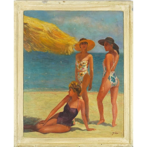 175 - After Pino Daeni - Three bathers, Italian school oil on board, framed, 73cm x 57.5cm