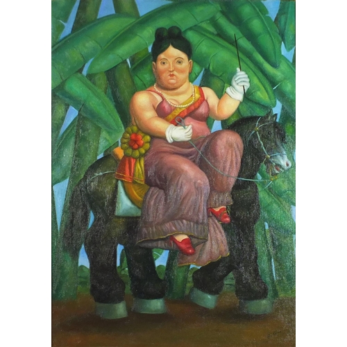 105 - Manner of Fernando Botero - Female on horse back, Colombian school oil on board, mounted and framed,... 