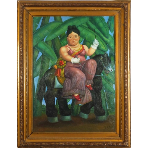 105 - Manner of Fernando Botero - Female on horse back, Colombian school oil on board, mounted and framed,... 