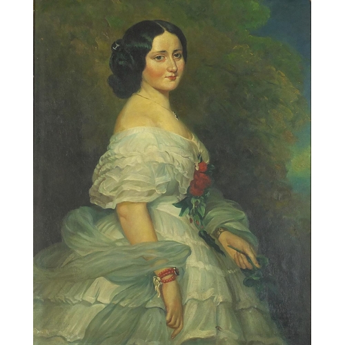 479 - Portrait of a female wearing a white dress, oil on board, mounted and framed, 55cm x 44cm