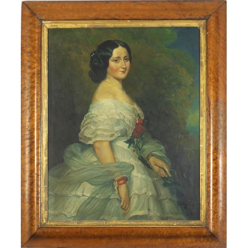 479 - Portrait of a female wearing a white dress, oil on board, mounted and framed, 55cm x 44cm