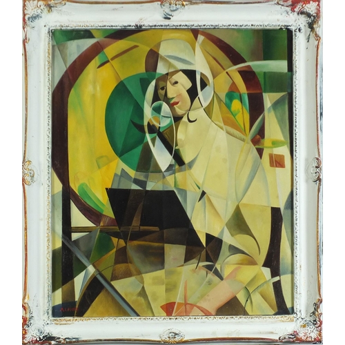 303 - Manner of André Lhote - Abstract composition, geometric shapes with figure, French school oil on boa... 