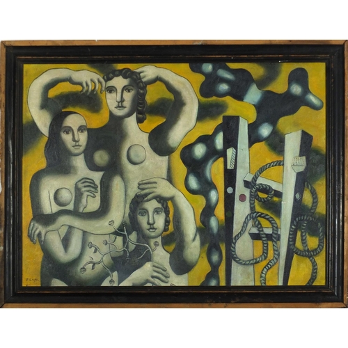 481 - Abstract composition with figures, French Impressionist oil on board, framed, 63cm x 46cm