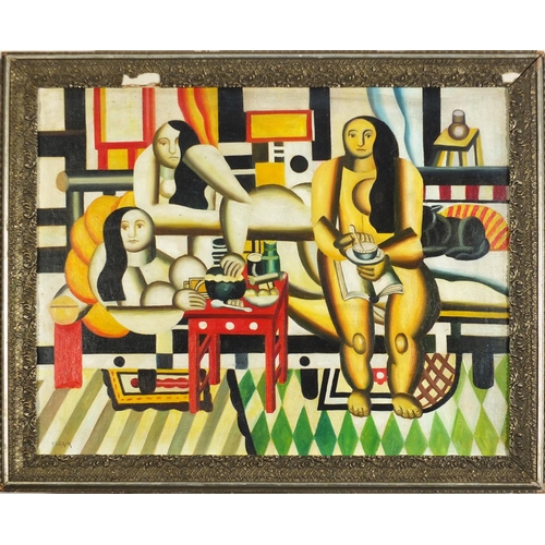 526 - Abstract composition, three figures in an interior, French Impressionist oil on board, framed, 59.5c... 