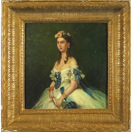 436 - Portrait of a female wearing a white dress, Old Master school oil on board, framed, 41cm x 40cm