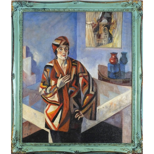 394 - Female in an interior, Camden school oil on board, framed, 60cm x 49.5cm