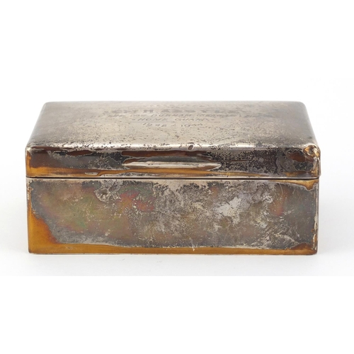 210 - British Military World War II silver cigar box, the hinged lid engraved Presented to Captain H Argyl... 