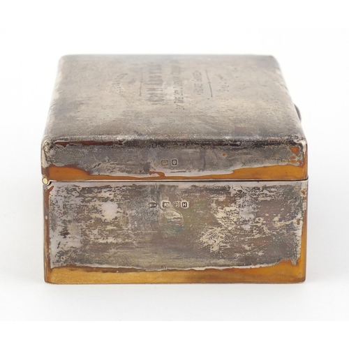 210 - British Military World War II silver cigar box, the hinged lid engraved Presented to Captain H Argyl... 