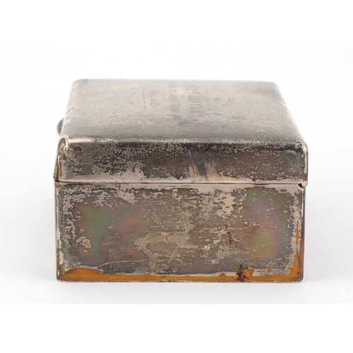 210 - British Military World War II silver cigar box, the hinged lid engraved Presented to Captain H Argyl... 