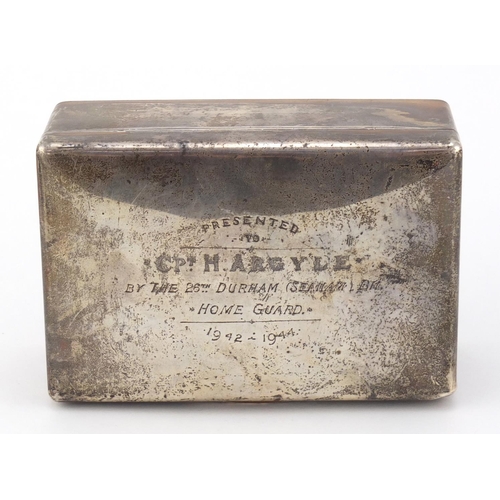 210 - British Military World War II silver cigar box, the hinged lid engraved Presented to Captain H Argyl... 