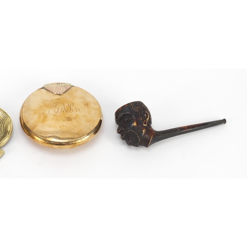 292 - Antique objects including a brass squeeze action tobacco box, Meerschaum pipe bowl with R H Hoar lea... 