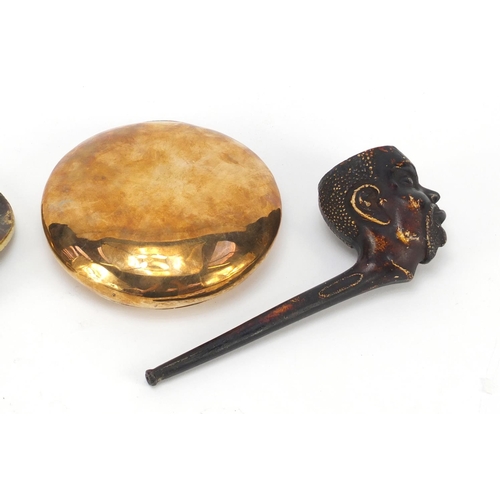 292 - Antique objects including a brass squeeze action tobacco box, Meerschaum pipe bowl with R H Hoar lea... 