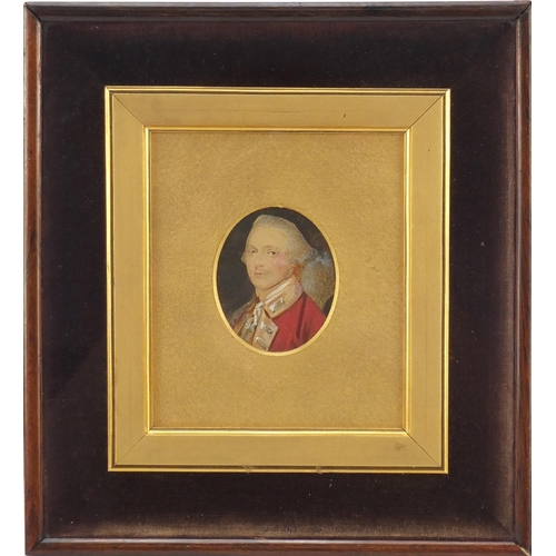 328 - Georgian oval hand painted portrait miniature of a gentleman, housed in a glazed rosewood easel case... 