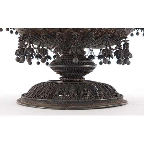 164 - Good Indian Raj unmarked silver filigree pedestal bowl with tassel drops (tests as silver), 13.5cm h... 