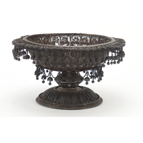 164 - Good Indian Raj unmarked silver filigree pedestal bowl with tassel drops (tests as silver), 13.5cm h... 