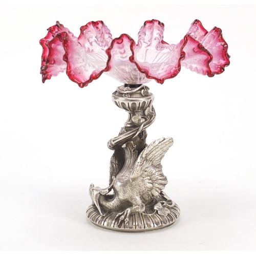 473 - Silver plated sweetmeat dish with cranberry frilled glass dish, 16cm high