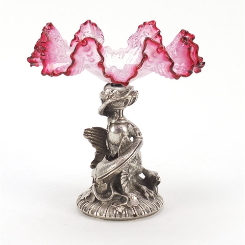 473 - Silver plated sweetmeat dish with cranberry frilled glass dish, 16cm high