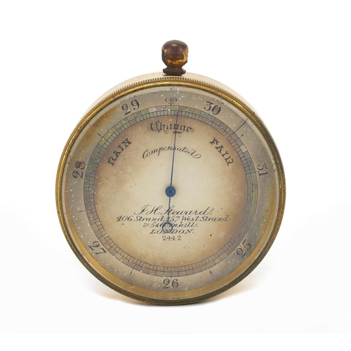 333 - Victorian gilt brass pocket barometer by JH Steward of The Strand London, with velvet and silk lined... 