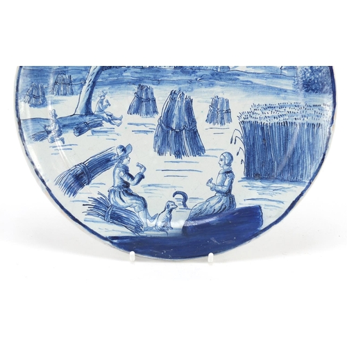 470 - Antique Delft pottery plate entitled Augustus, hand painted with two figures with dog before a field... 