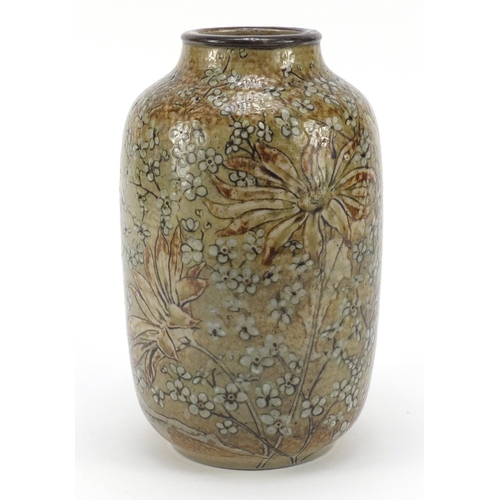 213 - Large Martin Brothers stoneware vase hand painted with flowers, incised RW Martin Bros London Southa... 