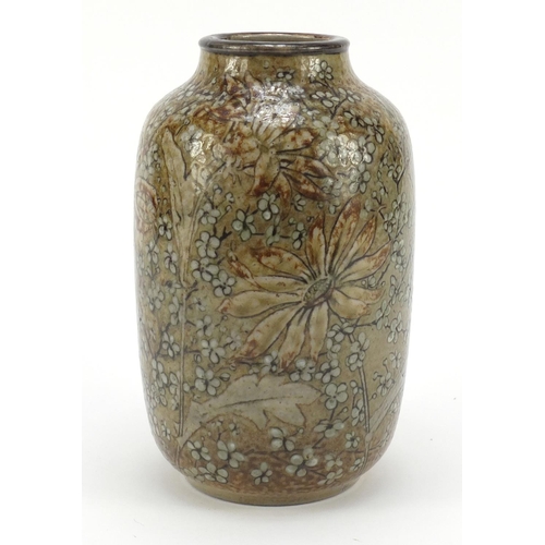 213 - Large Martin Brothers stoneware vase hand painted with flowers, incised RW Martin Bros London Southa... 