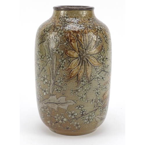 213 - Large Martin Brothers stoneware vase hand painted with flowers, incised RW Martin Bros London Southa... 