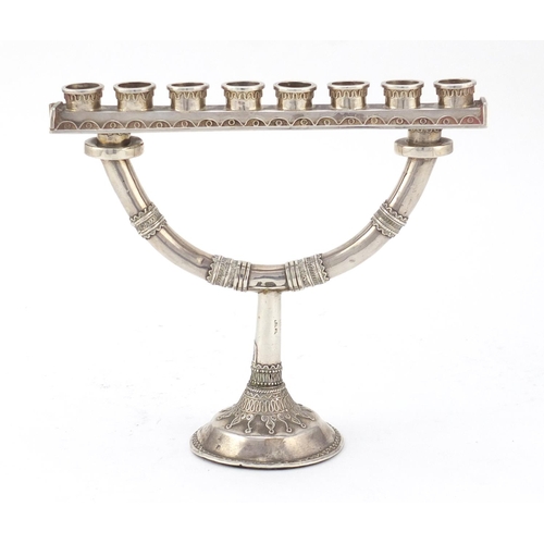 276 - Sterling silver eight branch Jewish Hanukkah menorah, 13.5cm high x 15.5cm wide, 400.0g