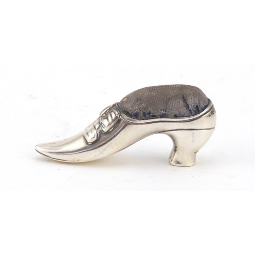 508 - Victorian novelty silver pin cushion in the form of a ladies shoe by Cornelius Desormeaux Saunders &... 