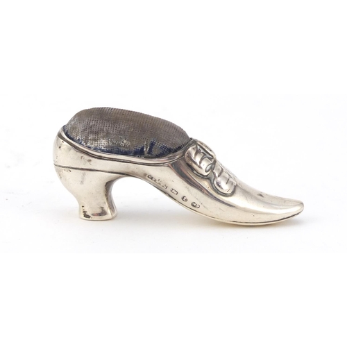 508 - Victorian novelty silver pin cushion in the form of a ladies shoe by Cornelius Desormeaux Saunders &... 