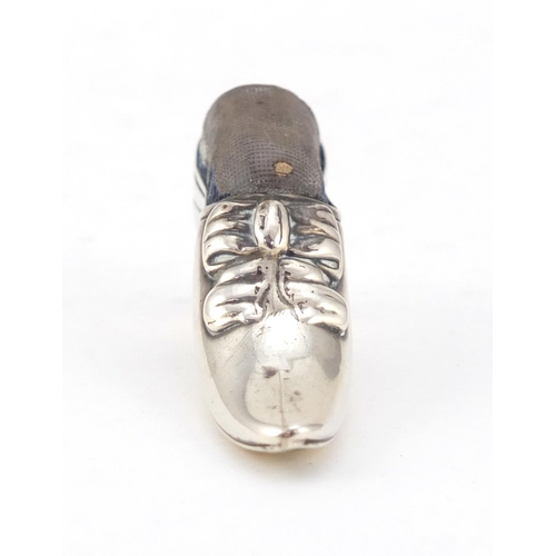 508 - Victorian novelty silver pin cushion in the form of a ladies shoe by Cornelius Desormeaux Saunders &... 